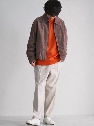 Men's Brown Harrington Jacket, Orange Crew-neck Sweater, Beige Chinos, White Canvas Low Top Sneakers