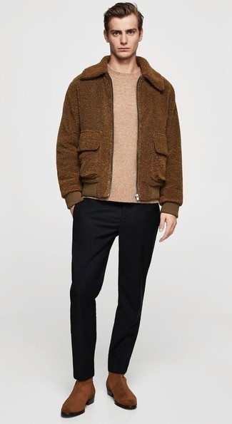 Black Pants with Brown Shoes Chill Weather Outfits For Men: For a casual ensemble, rock a brown wool harrington jacket with black pants — these two pieces work wonderfully together. Unimpressed with this look? Enter brown suede chelsea boots to switch things up.