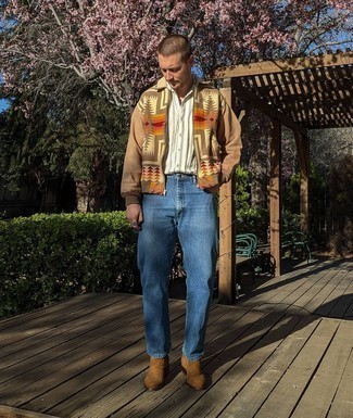 Blue Jeans with Brown Suede Chelsea Boots Outfits For Men: A brown print harrington jacket and blue jeans worn together are a sartorial dream for those dressers who love cool and relaxed styles. If you want to feel a bit fancier now, introduce a pair of brown suede chelsea boots to the equation.
