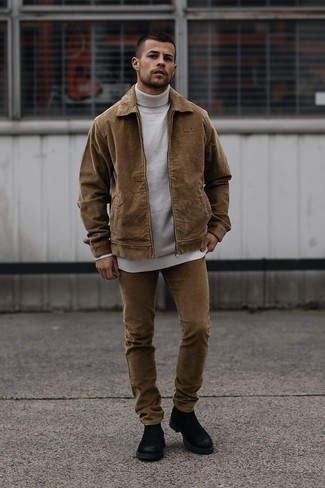 Brown Jeans Outfits For Men: This combination of a brown harrington jacket and brown jeans is super easy to put together and so comfortable to sport over the course of the day as well! Complete this ensemble with black suede chelsea boots to shake things up.