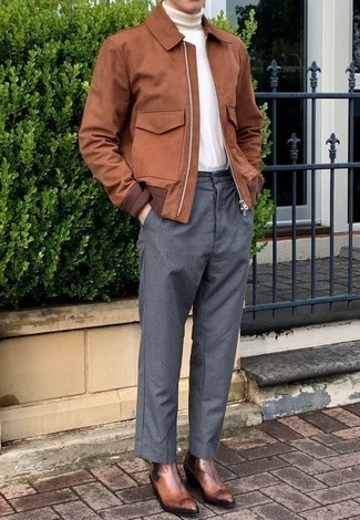 Brown Leather Chelsea Boots Outfits For Men: A brown suede harrington jacket and charcoal chinos work together smoothly. Tap into some David Beckham stylishness and polish up your look with brown leather chelsea boots.