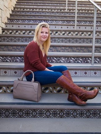 Women's Grey Leather Tote Bag, Brown Leather Knee High Boots, Blue Skinny Jeans, Burgundy V-neck Sweater