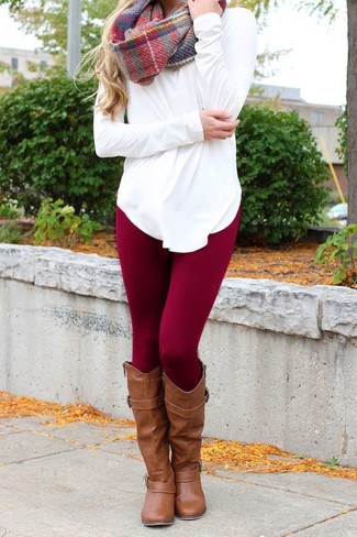Women's Multi colored Plaid Scarf, Brown Leather Knee High Boots, Burgundy Leggings, White Long Sleeve T-shirt