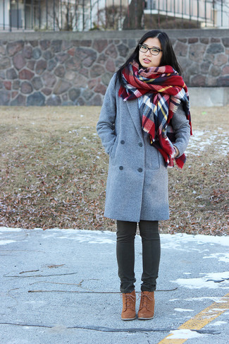 Women's Red Plaid Scarf, Brown Suede Lace-up Ankle Boots, Charcoal Jeans, Grey Coat