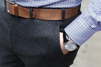 Men's Brown Leather Belt, Charcoal Dress Pants, White and Blue Gingham Long Sleeve Shirt