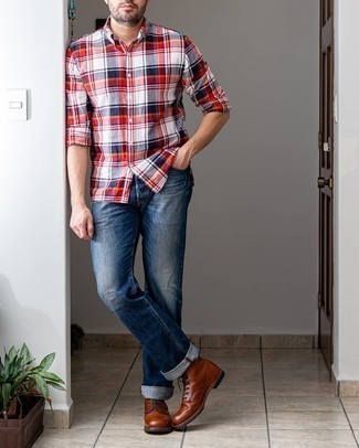 White and Red and Navy Plaid Long Sleeve Shirt Outfits For Men: 