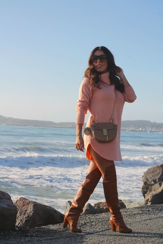 Women's Brown Leather Crossbody Bag, Tobacco Leather Over The Knee Boots, Pink Sweater Dress