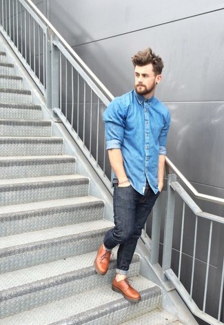 Black Jeans with Navy Denim Shirt Summer Outfits For Men In Their 20s: 