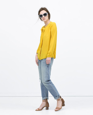 Yellow Long Sleeve Blouse Outfits: 