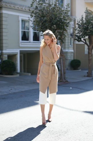 Women's Brown Leather Pumps, White Culottes, Camel Sleeveless Coat