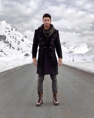 Men's Brown Leather Work Boots, Charcoal Chinos, Navy Fur Collar Coat