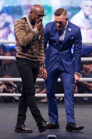 Floyd Mayweather wearing Brown Leopard Crew-neck Sweater, Black Chinos, Black Leather Derby Shoes