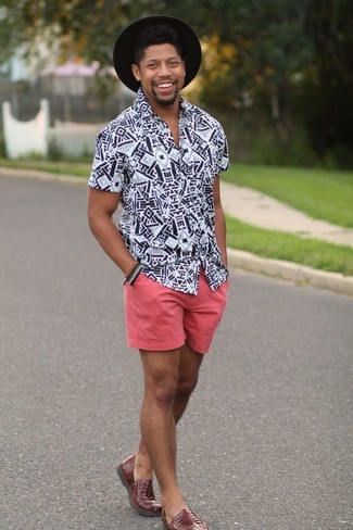 Men's Black Wool Hat, Brown Leather Loafers, Pink Shorts, White and Black Print Short Sleeve Shirt