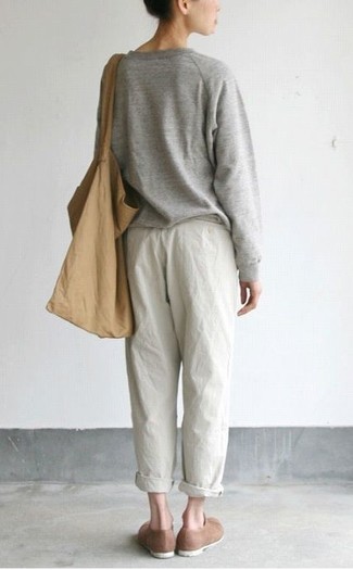 Women's Tan Canvas Tote Bag, Brown Suede Loafers, White Pajama Pants, Grey Oversized Sweater