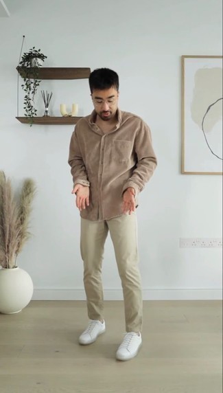 Men's Brown Corduroy Long Sleeve Shirt, Beige Chinos, White Leather Low Top Sneakers, Clear Sunglasses