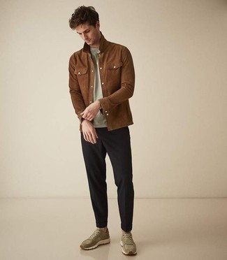 Tobacco Suede Long Sleeve Shirt Outfits For Men: This casual combination of a tobacco suede long sleeve shirt and black chinos is perfect when you need to look laid-back and cool in a flash. Does this ensemble feel all-too-polished? Let olive athletic shoes jazz things up.