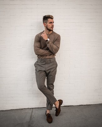 Brown Long Sleeve T-Shirt with Brown Pants Outfits For Men (5 ideas &  outfits)