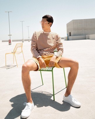 Men's Brown Horizontal Striped Long Sleeve T-Shirt, Tobacco Shorts, White Canvas Low Top Sneakers, Clear Sunglasses