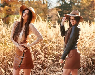 Brown Leather Mini Skirt Spring Outfits: 