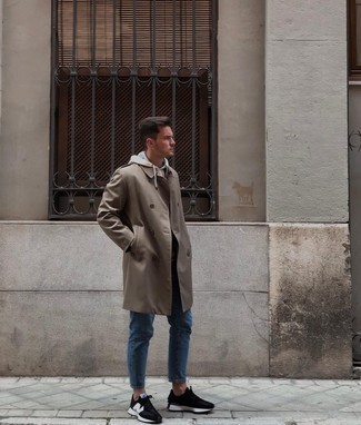 Men's Brown Overcoat, Beige Hoodie, Blue Jeans, Black and White Athletic Shoes