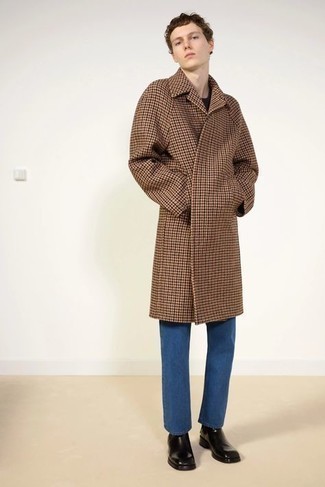 Men's Brown Houndstooth Overcoat, Black Crew-neck T-shirt, Blue Jeans, Black Leather Chelsea Boots