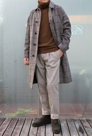 Dark Brown Plaid Overcoat Outfits: A dark brown plaid overcoat and beige chinos? Make no mistake, this look will turn every head around. For something more on the casual and cool side to complete this outfit, introduce dark green suede desert boots to the equation.