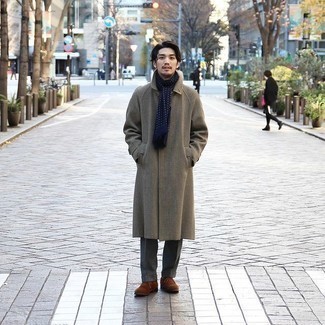 Men's Brown Overcoat, Charcoal Dress Pants, Brown Suede Oxford Shoes, Navy and White Polka Dot Scarf