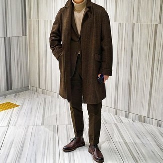 Beige Wool Turtleneck Outfits For Men: For a casually neat getup, opt for a beige wool turtleneck and a brown overcoat — these items go really well together. You could perhaps get a little creative on the shoe front and complement this outfit with dark brown leather desert boots.