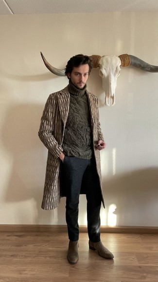 Men's Brown Overcoat, Olive Knit Wool Turtleneck, Charcoal Wool Chinos, Brown Suede Chelsea Boots