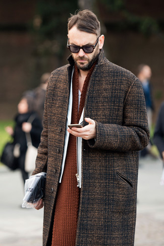 Dark Brown Knit Scarf Outfits For Men: If you're a fan of comfort dressing when it comes to your personal style, you'll love this city casual pairing of a brown plaid overcoat and a dark brown knit scarf.