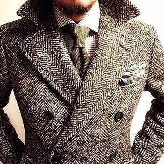 Men's Brown Herringbone Overcoat, White Check Dress Shirt, Olive Wool Tie, Olive Camouflage Pocket Square