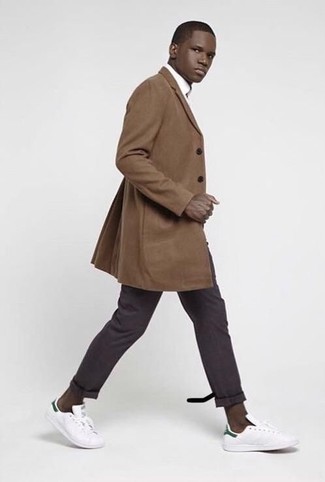 Dark Brown Chinos Outfits: For an outfit that's super straightforward but can be smartened up or dressed down in a myriad of different ways, wear a brown overcoat and dark brown chinos. Dial up the fashion factor of your look by finishing with a pair of white and green canvas low top sneakers.
