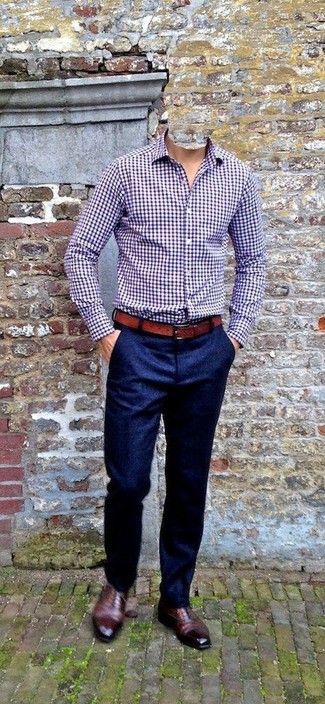Purple Gingham Long Sleeve Shirt Outfits For Men: 