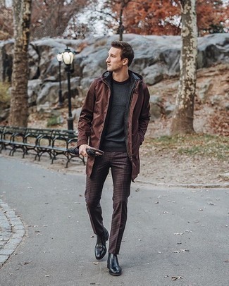 Brown Parka Outfits For Men: This semi-casual combo of a brown parka and dark brown gingham dress pants is extremely easy to pull together without a second thought, helping you look awesome and ready for anything without spending too much time combing through your wardrobe. Introduce black leather chelsea boots to your look to instantly spice up the look.