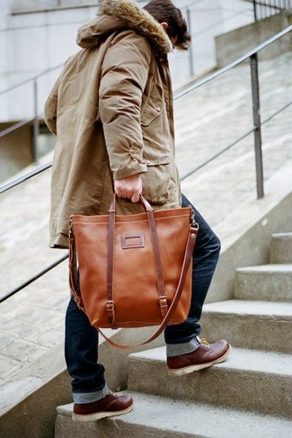 Men's Brown Parka, Navy Jeans, Brown Leather Work Boots, Brown Leather Tote Bag