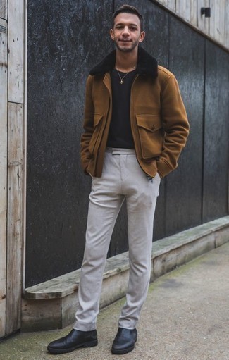 Tobacco Pea Coat Outfits: For an outfit that's worthy of a modern style-savvy gentleman and effortlessly classy, go for a tobacco pea coat and beige chinos. Puzzled as to how to complete this ensemble? Wear a pair of black leather chelsea boots to dial up the wow factor.