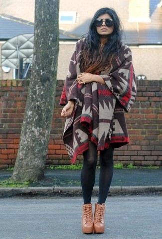 Women's Brown Print Poncho, Tan Leather Lace-up Ankle Boots, Black Wool Tights