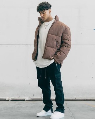 Men's Brown Puffer Jacket, White Crew-neck T-shirt, Navy Cargo Pants, White Leather Low Top Sneakers