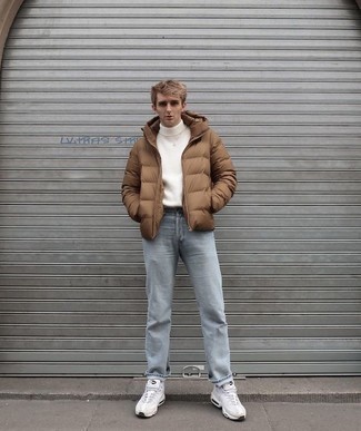 Men's Brown Puffer Jacket, White Wool Turtleneck, Grey Jeans, White Athletic Shoes