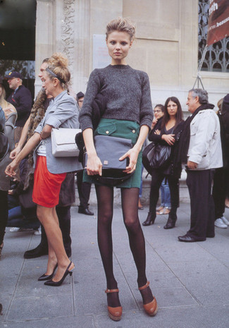 Women's Black Leather Satchel Bag, Brown Leather Pumps, Dark Green Mini Skirt, Charcoal Crew-neck Sweater