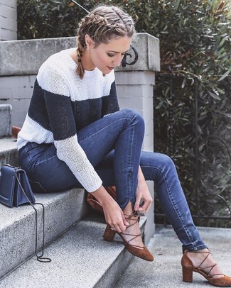 Women's Navy Leather Crossbody Bag, Brown Suede Pumps, Navy Skinny Jeans, White and Navy Horizontal Striped Crew-neck Sweater