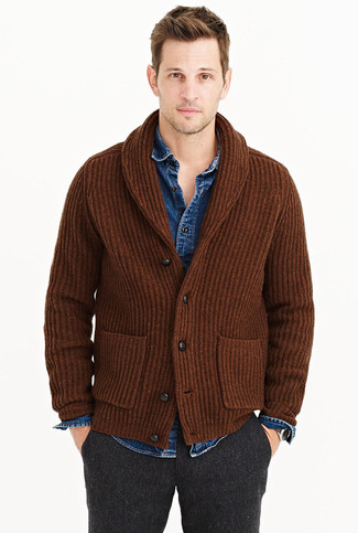 Dark Brown Shawl Cardigan Outfits For Men: Choose a dark brown shawl cardigan and charcoal wool dress pants for masculine sophistication with a modern spin.