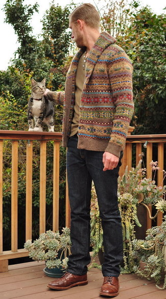 Men's Brown Fair Isle Shawl Cardigan, Olive Henley Shirt, Black Jeans, Brown Leather Derby Shoes