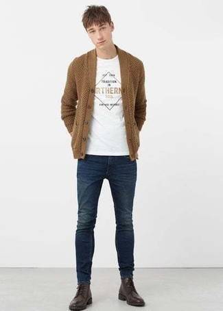 Men's Brown Shawl Cardigan, White Print Crew-neck T-shirt, Navy Skinny Jeans, Dark Brown Leather Casual Boots