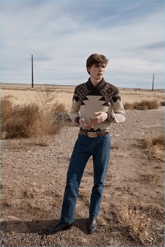 Shawl-Neck Sweater Outfits: Extremely dapper, this laid-back combo of a shawl-neck sweater and navy jeans provides with variety. For something more on the cool and casual side to round off your ensemble, add dark brown leather cowboy boots to the equation.