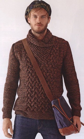 Men's Brown Shawl-Neck Sweater, Navy Jeans, Navy Canvas Messenger Bag, Navy and Green Plaid Flat Cap
