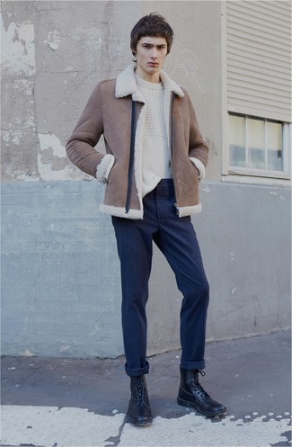 Men's Brown Shearling Jacket, White Cable Sweater, Navy Vertical Striped Chinos, Black Leather Casual Boots