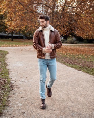 Men's Brown Shearling Jacket, White Knit Wool Turtleneck, Light Blue Jeans, Brown Leather Casual Boots