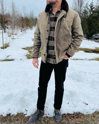 Men's Brown Shirt Jacket, Black and White Plaid Flannel Long Sleeve Shirt, Navy Jeans, Navy Suede Casual Boots