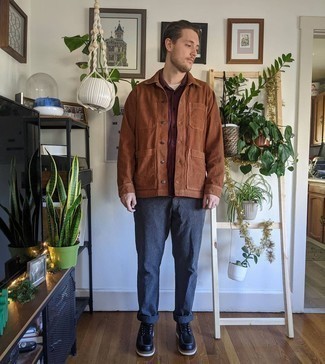 Brown Corduroy Shirt Jacket Outfits For Men: For an ensemble that's very easy but can be smartened up or dressed down in a multitude of different ways, consider teaming a brown corduroy shirt jacket with charcoal chinos. Now all you need is a cool pair of black leather casual boots to complete this look.